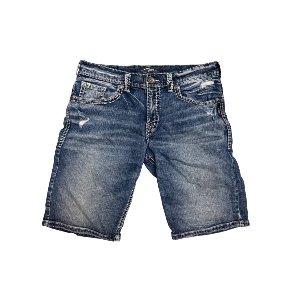Silver Jeans Co Gordie Loose Fit Blue Distressed Denim Shorts Men's W36 L13